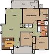 3 Bedroom Duplex Kitchen – Living/Dining Patio - Hallway to Laundry, Bedrooms, Lg Bath - Lg Bedroom walk-in closet, vanity, Shower Toilet room